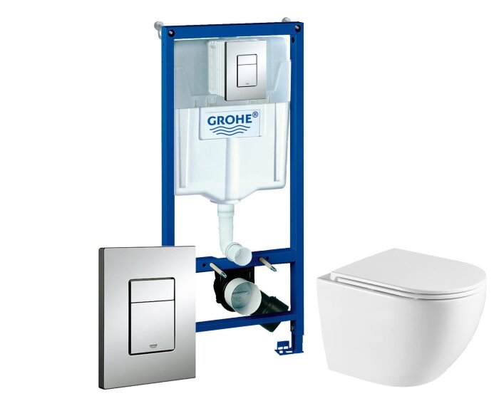Инсталяция Grohe 38772001 + Унитаз подвесной Azario Navio 540x365x425 безободковый, в комплекте с сиденьем микролифт (AZ-0074) + клавиша Skate Cosmopolitan (прямоугольная)